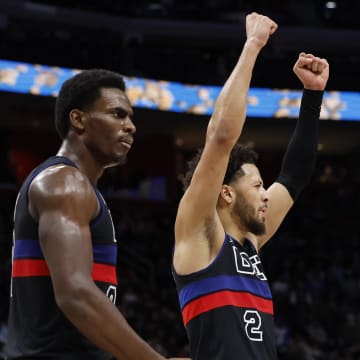 Feb 2, 2024; Detroit, Michigan, USA;  Detroit Pistons center Jalen Duren (0) and guard Cade Cunningham (2) reacts to a call in the second half against the LA Clippers at Little Caesars Arena. Mandatory Credit: Rick Osentoski-USA TODAY Sports