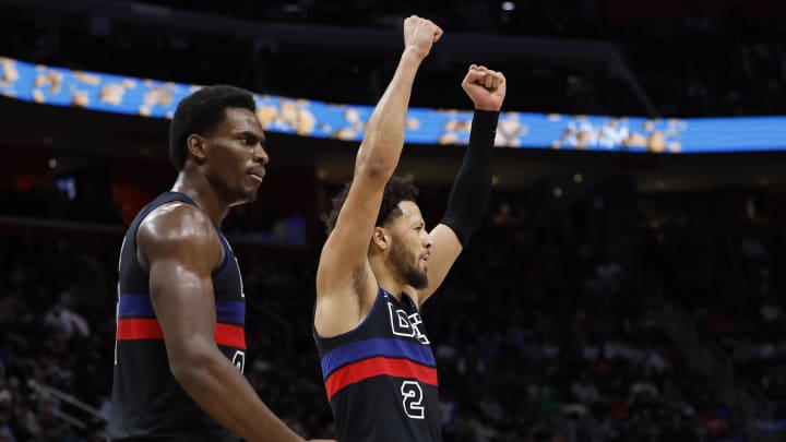 Feb 2, 2024; Detroit, Michigan, USA;  Detroit Pistons center Jalen Duren (0) and guard Cade Cunningham (2) reacts to a call in the second half against the LA Clippers at Little Caesars Arena. Mandatory Credit: Rick Osentoski-USA TODAY Sports