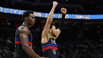 Feb 2, 2024; Detroit, Michigan, USA;  Detroit Pistons center Jalen Duren (0) and guard Cade Cunningham (2) : Rick Osentoski-Imagn Images