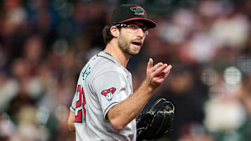 Sep 9, 2025; San Francisco, California, USA; Arizona Diamondbacks starting pitcher Zac Gallen (23) argues with home plate umpire Doug Eddings (88) (not pictured) during a pitching change against the San Francisco Giants during the seventh inning at Oracle Park. Mandatory Credit: Robert Edwards-Imagn Images