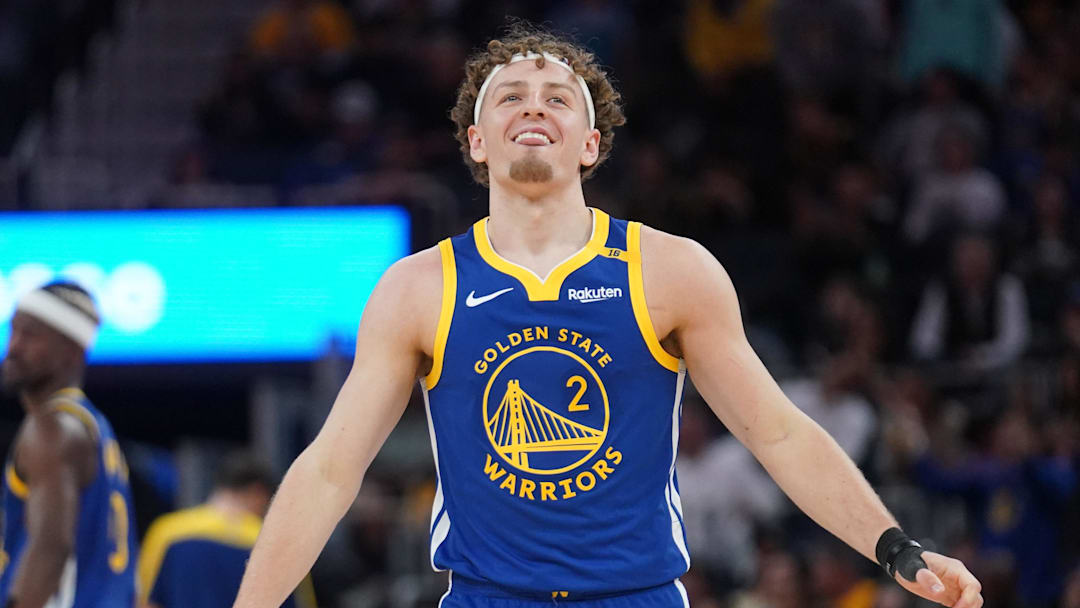 Apr 6, 2025; San Francisco, California, USA; Golden State Warriors guard Brandin Podziemski (2) reacts after missing a three point attempt against the Houston Rockets in the fourth quarter at the Chase Center. Mandatory Credit: Cary Edmondson-Imagn Images Apr 6, 2025; San Francisco, California, USA; Golden State Warriors guard Brandin Podziemski (2) reacts after missing a three point attempt against the Houston Rockets in the fourth quarter at the Chase Center. Mandatory Credit: Cary Edmondson-Imagn Images