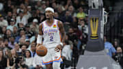 Nov 19, 2024; San Antonio, Texas, USA;  Oklahoma City Thunder guard Shai Gilgeous-Alexander (2) brings the ball up the court in the second half against the San Antonio Spurs at Frost Bank Center. Mandatory Credit: Daniel Dunn-Imagn Images