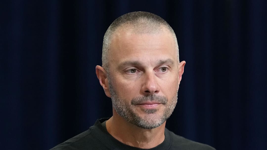 Feb 24, 2026; Indianapolis, IN, USA; Las Vegas Raiders general manager John Spytek speaks at the NFL Scouting Combine at the Indiana Convention Center. Mandatory Credit: Kirby Lee-Imagn Images