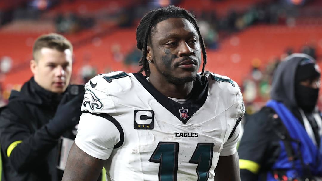 Dec 20, 2025; Landover, Maryland, USA; Philadelphia Eagles wide receiver A.J. Brown (11) leaves the field after the game against the Washington Commanders at Northwest Stadium. Mandatory Credit: Geoff Burke-Imagn Images