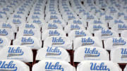 Dec 20, 2011; Los Angeles, CA, USA; General view of seat cushions at the Sports Arena with the words: UCLA Basketball 2011-2013 Road Show before the game against the UC Irvine Anteaters. Mandatory Credit: Kirby Lee/Image of Sport-USA TODAY Sports