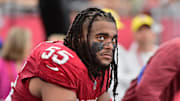 Sep 29, 2024; Glendale, Arizona, USA;  Arizona Cardinals defensive tackle Dante Stills (55) reacts in the second half against the Washington Commanders at State Farm Stadium. Mandatory Credit: Matt Kartozian-Imagn Images