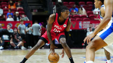 Jul 14, 2024; Las Vegas, NV, USA; Chicago Bulls guard DJ Steward (00) dribbles against the Golden State Warriors during the second quarter at Thomas & Mack Center. Mandatory Credit: Stephen R. Sylvanie-USA TODAY Sports