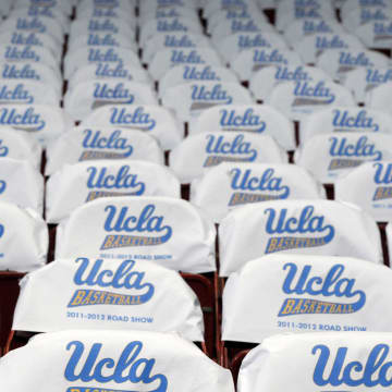 Dec 20, 2011; Los Angeles, CA, USA; General view of seat cushions at the Sports Arena with the words: UCLA Basketball 2011-2013 Road Show before the game against the UC Irvine Anteaters. Mandatory Credit: Kirby Lee/Image of Sport-USA TODAY Sports