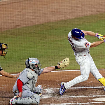 Jul 15, 2025; Cumberland, Georgia, USA; National League first baseman Pete Alonso (20) of the New York Mets hits a three run home run during the sixth inning during the 2025 MLB All Star Game at Truist Park. Mandatory Credit: Jordan Godfree-Imagn Images