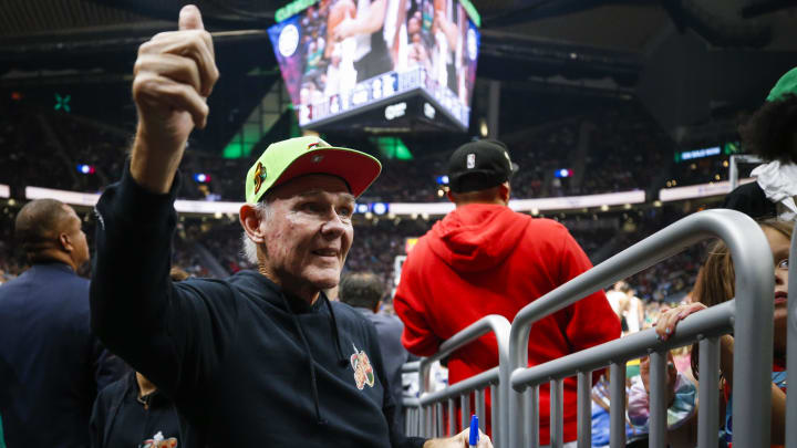 Oct 3, 2022; Seattle, Washington, USA; Former Seattle Supersonics head coach George Karl waves at fans while entering the player tunnel during the third quarter of a preseason game between the Portland Trail Blazers and Los Angeles Clippers at Climate Pledge Arena. Mandatory Credit: Joe Nicholson-USA TODAY Sports