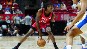 Jul 14, 2024; Las Vegas, NV, USA; Chicago Bulls guard DJ Steward (00) dribbles against the Golden State Warriors during the second quarter at Thomas & Mack Center. Mandatory Credit: Stephen R. Sylvanie-USA TODAY Sports