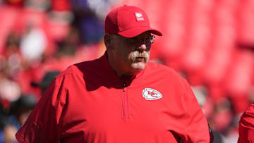 Kansas City Chiefs Head Coach Andy Reid looks on before the game against the Baltimore Ravens at GEHA Field at Arrowhead Stadium.