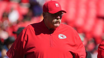 Kansas City Chiefs Head Coach Andy Reid looks on before the game against the Baltimore Ravens at GEHA Field at Arrowhead Stadium.