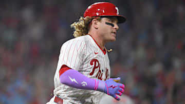 Aug 4, 2025; Philadelphia, Pennsylvania, USA; Philadelphia Phillies outfielder Harrison Bader (2) reacts after hitting a 3-run home run during the sixth inning against the Baltimore Orioles at Citizens Bank Park. Mandatory Credit: Eric Hartline-Imagn Images