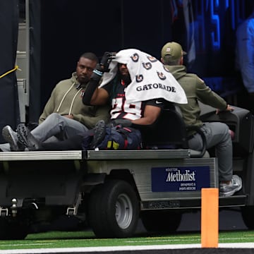 Nov 9, 2025; Houston, Texas, USA; Houston Texans safety M.J. Stewart (29) is taken off the field with an apparent injury during the first half against the Jacksonville Jaguars at NRG Stadium. Mandatory Credit: Thomas Shea-Imagn Images