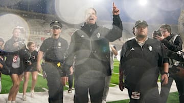Oct 18, 2025; Bloomington, Indiana, USA; Indiana Hoosiers head coach Curt Cignetti waves to the fans after the game against the Michigan State Spartans at Memorial Stadium. Mandatory Credit: Robert Goddin-Imagn Images