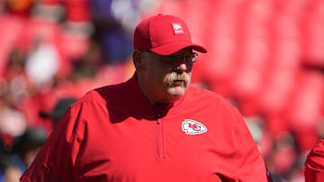 Sep 28, 2025; Kansas City, Missouri, USA; Kansas City Chiefs Head Coach Andy Reid looks on before the game against the Baltimore Ravens at GEHA Field at Arrowhead Stadium. Mandatory Credit: Denny Medley-Imagn Images