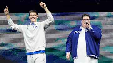 Kentucky Wildcats forward Trent Noah (9) danced as Harlan, Kentucky native Jordan Smith sang during Noah's introduction to fans at the 2025 Big Blue Madness at Rupp Arena in Lexington, Kentucky Saturday, Oct. 11, 2025.