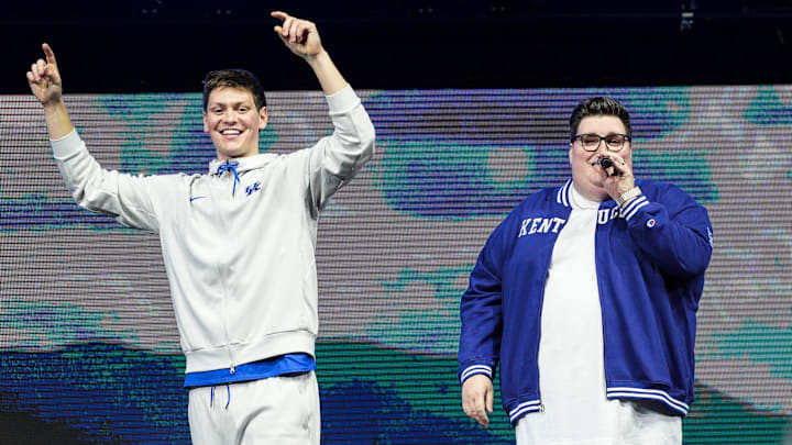Kentucky Wildcats forward Trent Noah (9) danced as Harlan, Kentucky native Jordan Smith sang during Noah's introduction to fans at the 2025 Big Blue Madness at Rupp Arena in Lexington, Kentucky Saturday, Oct. 11, 2025.