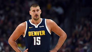 Oct 25, 2025; Denver, Colorado, USA; Denver Nuggets center Nikola Jokic (15) during the first half against the Phoenix Suns at Ball Arena. Mandatory Credit: Christopher Hanewinckel-Imagn Images