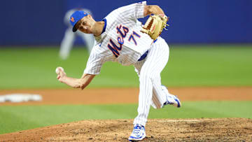 Aug 17, 2025; Williamsport, Pennsylvania, USA; New York Mets relief pitcher Tyler Rogers (71) throws a pitch against the Seattle Mariners in the ninth inning at Journey Bank Ballpark at Historic Bowman Field. Mandatory Credit: Kyle Ross-Imagn Images
