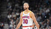 Nov 23, 2024; San Antonio, Texas, USA;  Golden State Warriors guard Stephen Curry (30) looks up in the first half against the San Antonio Spurs at Frost Bank Center. Mandatory Credit: Daniel Dunn-Imagn Images