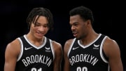 Apr 10, 2024; Brooklyn, New York, USA; Brooklyn Nets center Day'Ron Sharpe (20) talks to forward