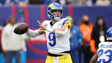 Dec 31, 2023; East Rutherford, New Jersey, USA; Los Angeles Rams quarterback Matthew Stafford (9)