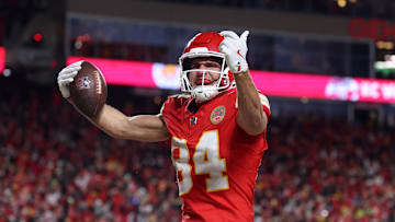 Jan 26, 2025; Kansas City, MO, USA; Kansas City Chiefs wide receiver Justin Watson (84) reacts after making a catch for a two point conversion against the Buffalo Bills during the second half in the AFC Championship game at GEHA Field at Arrowhead Stadium. Mandatory Credit: Mark J. Rebilas-Imagn Images
