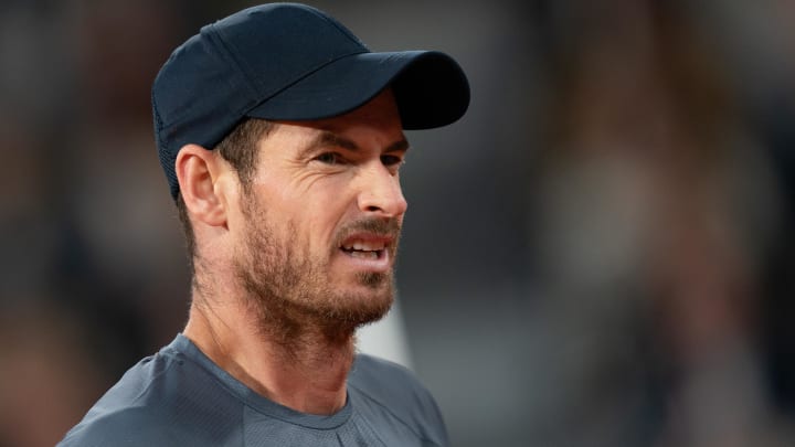 May 26, 2024; Paris, France; Andy Murray of Great Britain reacts to a point during his match against Stan Wawrinka of Switzerland on day one of Roland Garros at Stade Roland Garros. 