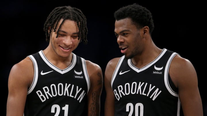 Apr 10, 2024; Brooklyn, New York, USA; Brooklyn Nets center Day'Ron Sharpe (20) talks to forward Noah Clowney (21) during the second quarter against the Toronto Raptors at Barclays Center. Mandatory Credit: Brad Penner-USA TODAY Sports