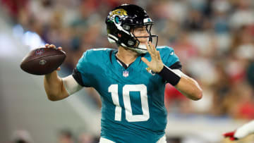 Aug 10, 2024; Jacksonville, Florida, USA; Jacksonville Jaguars quarterback Mac Jones (10) drops back to pass against the Kansas City Chiefs in the third quarter during preseason at EverBank Stadium. Mandatory Credit: Nathan Ray Seebeck-USA TODAY Sports