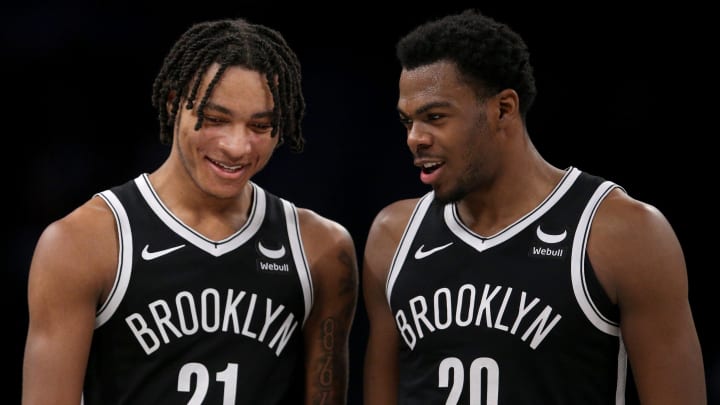 Apr 10, 2024; Brooklyn, New York, USA; Brooklyn Nets center Day'Ron Sharpe (20) talks to forward Noah Clowney (21) during the second quarter against the Toronto Raptors at Barclays Center. Mandatory Credit: Brad Penner-USA TODAY Sports