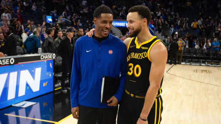 Jan 5, 2024; San Francisco, California, USA; Golden State Warriors guard Stephen Curry (30) chats with former coach Stephen Silas, now an assistant with the Detroit Pistons, following their game at Chase Center. Mandatory Credit: D. Ross Cameron-USA TODAY Sports