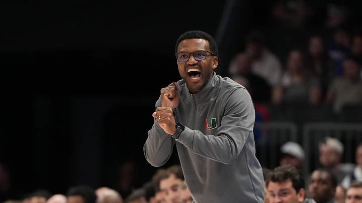 Mar 13, 2026; Charlotte, NC, USA; Miami (FL) Hurricanes head coach Jai Lucas reacts in the first half at Spectrum Center. Mandatory Credit: Bob Donnan-Imagn Images