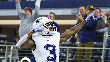 Dec 9, 2024; Arlington, Texas, USA; Dallas Cowboys wide receiver Brandin Cooks (3) reacts after scoring a touchdown during the second half against the Cincinnati Bengals at AT&T Stadium. Mandatory Credit: Kevin Jairaj-Imagn Images