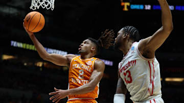 Mar 30, 2025; Indianapolis, IN, USA; Tennessee Volunteers guard Chaz Lanier (2) shoots the ball against Houston Cougars forward J'Wan Roberts (13) in the second half during the Midwest Regional final of the 2025 NCAA tournament at Lucas Oil Stadium. Mandatory Credit: Trevor Ruszkowski-Imagn Images