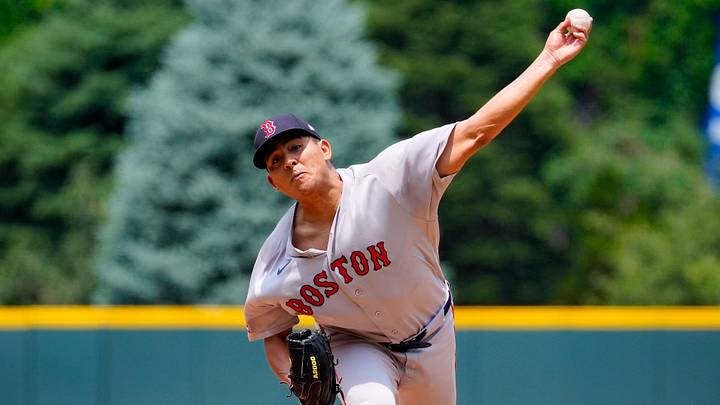 Jun 24, 2026; Denver, Colorado, USA; Boston Red Sox starting pitcher Ranger Suarez (55) delivers a pitch in the first inning against the Colorado Rockies at Coors Field. Mandatory Credit: Ron Chenoy-Imagn Images