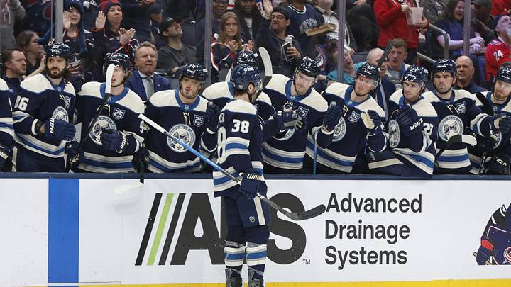 Apr 14, 2026; Columbus, Ohio, USA; Columbus Blue Jackets center Boone Jenner (38) celebrates after scoring a goal against the Washington Capitals during the second period at Nationwide Arena. Mandatory Credit: Russell LaBounty-Imagn Images