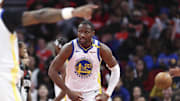 Dec 11, 2024; Houston, Texas, USA; Golden State Warriors forward Jonathan Kuminga (00) reacts after scoring during the third quarter against the Houston Rockets at Toyota Center. Mandatory Credit: Troy Taormina-Imagn Images