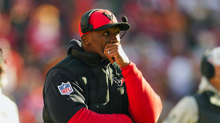Dec 21, 2024; Kansas City, Missouri, USA; Houston Texans head coach DeMeco Ryans reacts after an injury to wide receiver Tank Dell (not pictured) during the second half against the Kansas City Chiefs at GEHA Field at Arrowhead Stadium. Mandatory Credit: Jay Biggerstaff-Imagn Images Dec 21, 2024; Kansas City, Missouri, USA; Houston Texans head coach DeMeco Ryans reacts after an injury to wide receiver Tank Dell (not pictured) during the second half against the Kansas City Chiefs at GEHA Field at Arrowhead Stadium. Mandatory Credit: Jay Biggerstaff-Imagn Images
