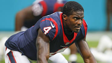Former Houston Texans wide receiver Phillip Dorsett (4) warms up prior to the game against the Miami Dolphins at Hard Rock Stadium.