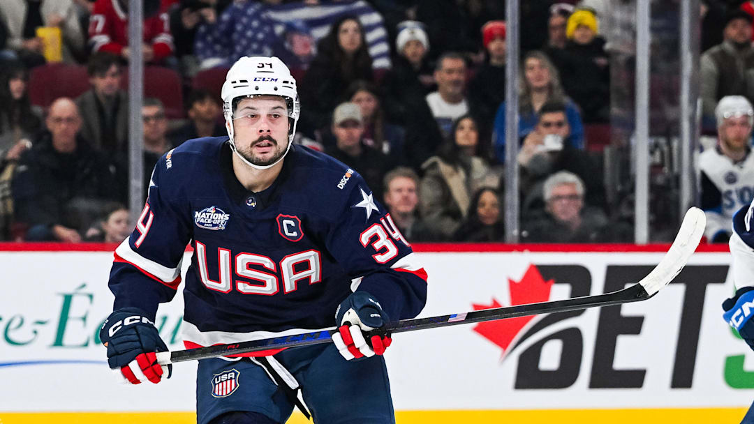 Feb 13, 2025; Montreal, Quebec, CAN; [Imagn Images direct customers only] Team USA forward Auston Matthews (34) looks on against Team Finland in the first period during a 4 Nations Face-Off ice hockey game at Bell Centre. Mandatory Credit: David Kirouac-Imagn Images