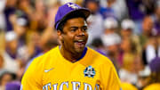 LSU pitcher Christian Little celebrates during an NCAA World Series game against Florida on June 24, 2023, Charles Schwab Field.