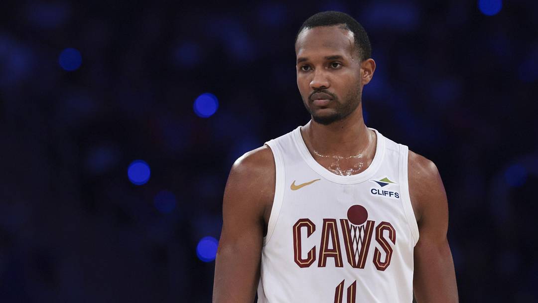 May 21, 2026; New York, New York, USA; Cleveland Cavaliers center Evan Mobley (4) reacts during the second quarter of game two of the eastern conference finals of the 2026 NBA playoffs against the New York Knicks at Madison Square Garden. Mandatory Credit: Vincent Carchietta-Imagn Images