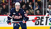Feb 13, 2025; Montreal, Quebec, CAN; [Imagn Images direct customers only] Team USA forward Auston Matthews (34) looks on against Team Finland in the first period during a 4 Nations Face-Off ice hockey game at Bell Centre. Mandatory Credit: David Kirouac-Imagn Images