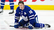 Apr 17, 2025; Toronto, Ontario, CAN; Toronto Maple Leafs right wing Mitch Marner (16) stretches during the warmup before a game against the Detroit Red Wings at Scotiabank Arena. Mandatory Credit: Nick Turchiaro-Imagn Images