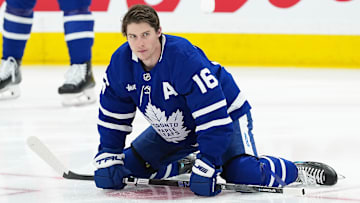 Apr 17, 2025; Toronto, Ontario, CAN; Toronto Maple Leafs right wing Mitch Marner (16) stretches during the warmup before a game against the Detroit Red Wings at Scotiabank Arena. Mandatory Credit: Nick Turchiaro-Imagn Images