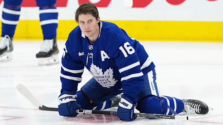 Apr 17, 2025; Toronto, Ontario, CAN; Toronto Maple Leafs right wing Mitch Marner (16) stretches during the warmup before a game against the Detroit Red Wings at Scotiabank Arena. Mandatory Credit: Nick Turchiaro-Imagn Images