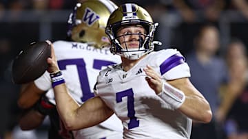 Sep 27, 2024; Piscataway, New Jersey, USA; Washington Huskies quarterback Will Rogers (7) throws the ball during the second half against the Rutgers Scarlet Knights at SHI Stadium. Mandatory Credit: Vincent Carchietta-Imagn Images